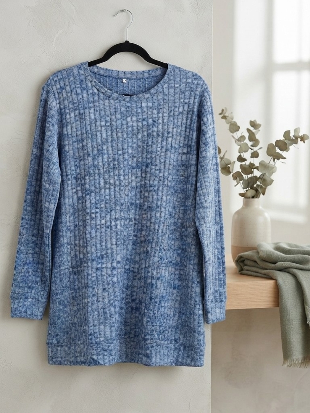 Blue Long Sleeve Ribbed Knit Top